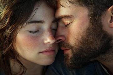 Tender moment of love, a man gently kissing a woman's forehead as she closes her eyes, enveloped in tranquility and affection