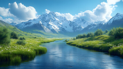 A serene mountain landscape featuring a river, lush greenery, and snow-capped peaks.