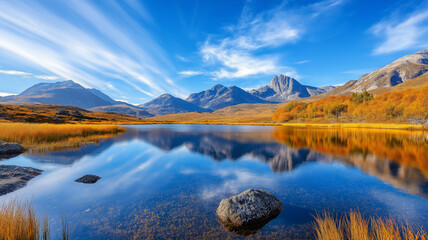 Stunning mountain landscape reflecting in calm lake