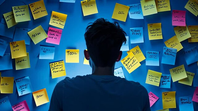 Person engaged in brainstorming surrounded by colorful notes on a blue wall in a dimly lit room at night