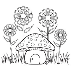 Mushroom house and flowers on the top outline artwork coloring pages