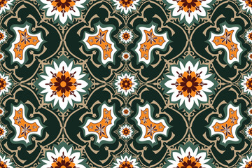 Ethnic floral geometric pattern Illustration floral geometric diamond shape seamless pattern, Vintage damask ornament. Seamless floral tiling pattern in green  and red colors, carpet, fabric, clothing