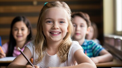 Obraz premium elementary school classroom, smiling blonde girl in focus, other students blurred in background, bright classroom setting, natural lighting, happy children, school desks, learning environment, candid 