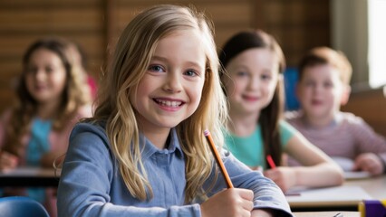 Obraz premium elementary school classroom, smiling blonde girl in focus, other students blurred in background, bright classroom setting, natural lighting, happy children, school desks, learning environment, candid 