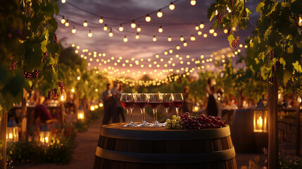 Romantic Evening Wine Tasting in Vineyard with String Lights and Barrel Setting