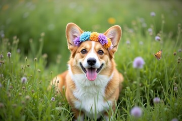 Joyful Corgi in a Flower-Crowned Meadow