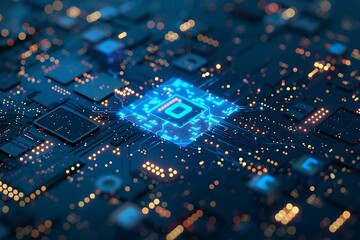 Obraz premium Glowing Microchip on Complex Network of Circuits and Lights
