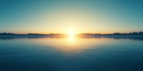 Fototapeta premium Serene Sunrise over Calm Lake with Misty Trees Peaceful Nature Landscape