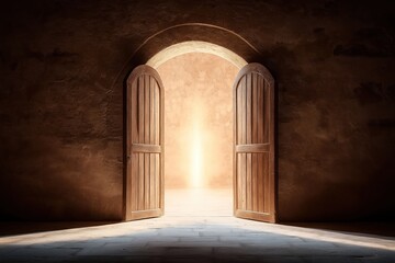 Ancient wooden archway opens to glowing light. Pathway to unknown opportunity. Warm sunlight shines through ancient stone wall gateway. Hopeful, beautiful destination. New adventure starts. Mystic