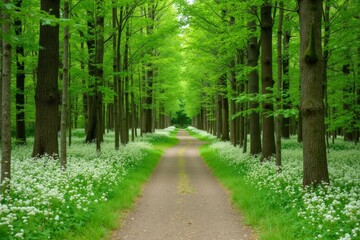 Fototapeta premium Serene Woodland Path Amidst Lush Greenery and White Wildflowers