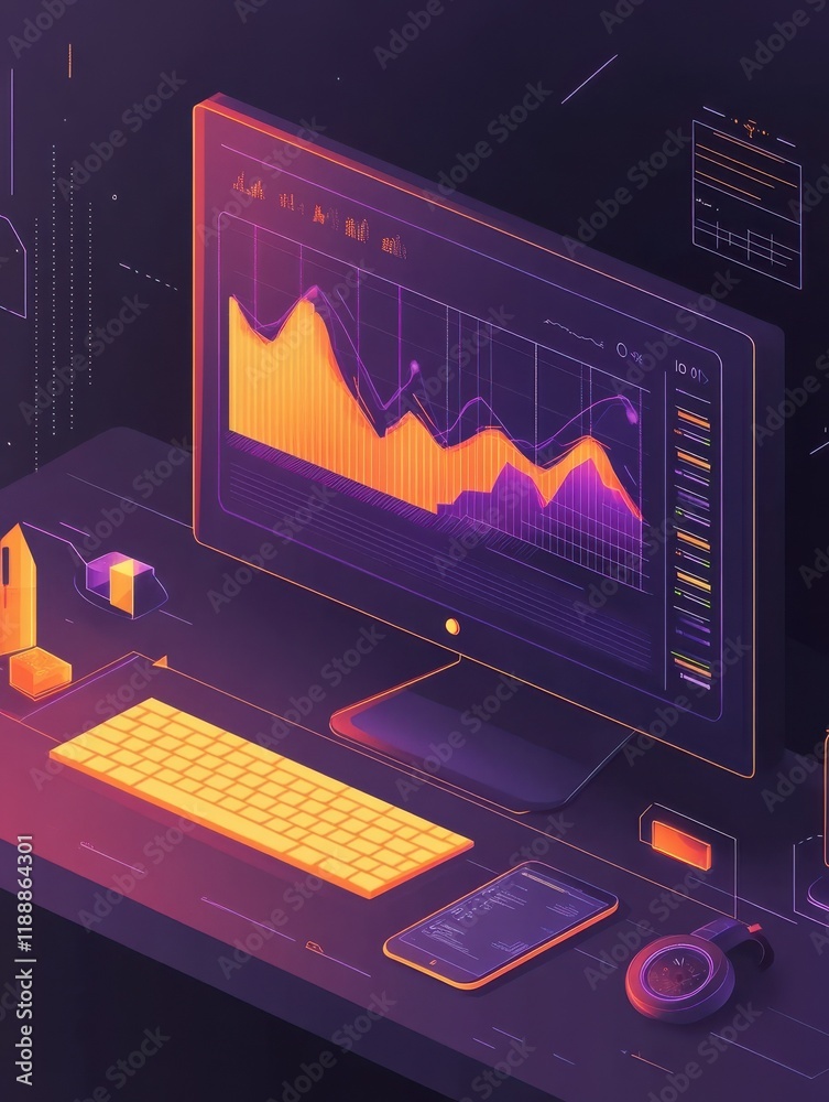 Poster data analysis workspace with graphs and charts on computer and tablet illustrating statistical insig