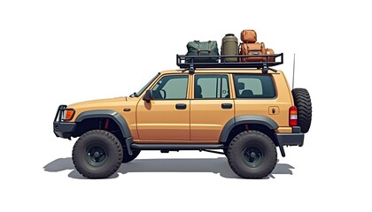 Fototapeta premium A rugged offroad SUV with oversized tires, equipped with camping gear on the roof rack. Perfect for outdoor adventures, showcasing durability and exploration spirit.