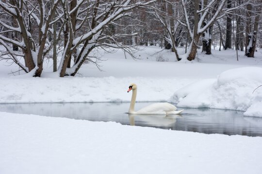 Winter Serenity: A Solitary Swan in Snowy Bliss