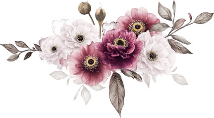Burgundy and White Anemones Clipart, Arrangement, Blossom Clipart