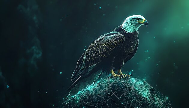 A majestic eagle perched on a glowing mountain digital wealth.
