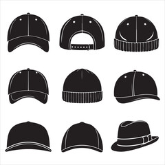 set of vector various baseball hat, cap silhouettes