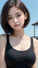 Fototapeta premium ビキニ, 女, コスプレ, 海, サマータイム, ショートヘアー, ボブ, ロングヘアー, ショートカット, 美しさ, 水泳, 水, モデル, バカンス, 細い, 太陽, 人々, タン, 旅行, ファッション, 空, 人, 立っていること, 砂, 髪の毛, ブルネット, 浜, 顔, グラビア, アイドル, 巨乳, 水着, 笑う, 笑みを浮かべている, アウトドア, ハピネス, 1, 目, 見る, 