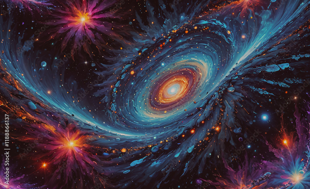 Poster colorful galaxy with a spiral shape and a bright orange star. there are also some smaller stars and 