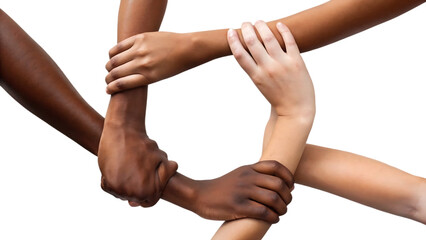 Multicultural diversity joining of hands handshake togetherness isolated on white background PNG.AI GENERATED