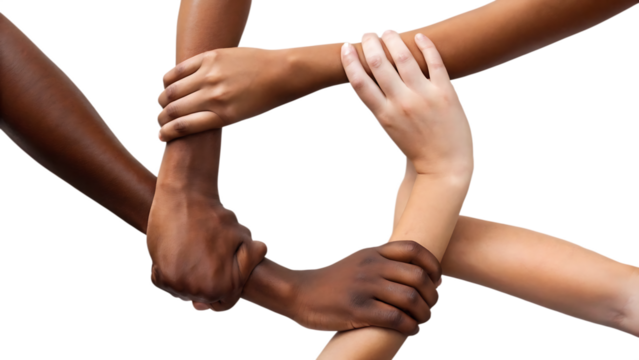 Multicultural diversity joining of hands handshake togetherness isolated on white background PNG.AI GENERATED