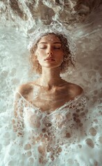 Obraz premium Relaxed Female Taking Bath With Foam Lying In Bathtub In Modern Bathroom Indoors. Woman Bathing Enjoying Bodycare Routine With Eyes Closed At Home. Spa And Wellness