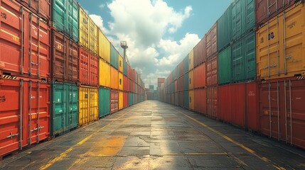 Fototapeta premium Colorful shipping containers in a port, under a partly cloudy sky.