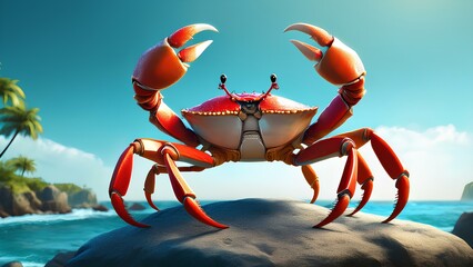 Marine animal world, crab movement in its natural habitat, symbolizing activity and life near the shore. Crab on the rock moves its claws and runs along the seashore.