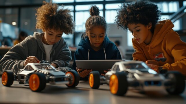 Multiracial school kids students making robotic cars using tablet computer. Diverse junior children pupils building robot vehicle learning at table at STEM code ai engineering science education class