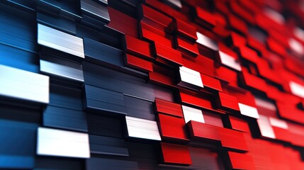 Abstract geometric pattern of overlapping red and blue blocks.