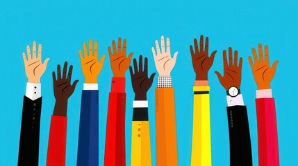 Obraz premium Colorful hands raised against a blue background, symbolizing diversity and unity. celebration of African American history concept