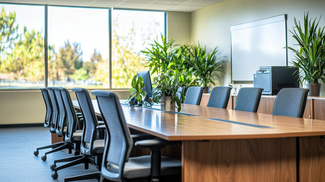 spacious conference room with large table, chairs, and plants