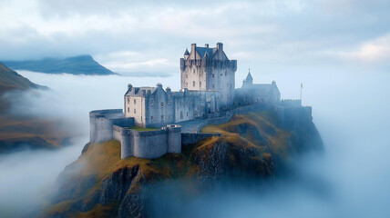 Majestic castle on cliff surrounded by misty mountains