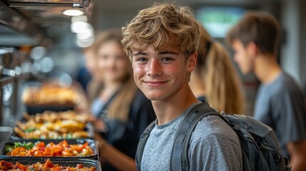 Teenager smiles at school cafeteria, food buffet background, lunch break