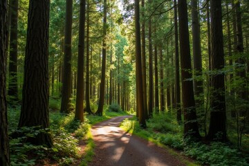 Obraz premium Serene Forest Path Bathed in Dappled Sunlight