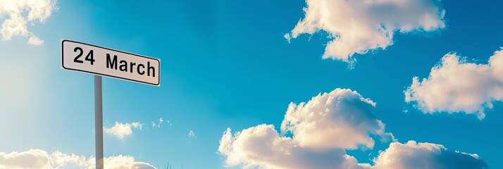 A bright sky with fluffy clouds surrounding a sign displaying the date 24 March.