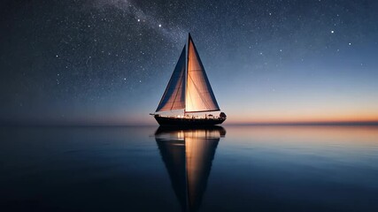 Sailing under starlit skies in calm waters during twilight hour