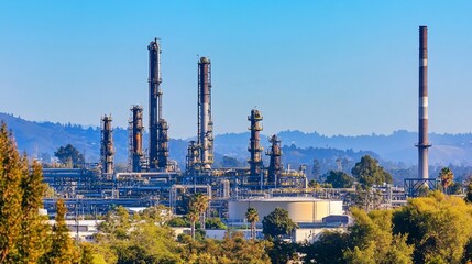 Obraz premium Industrial refinery complex nestled in a green landscape under a clear blue sky.