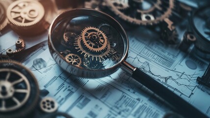 A Magnifying glass over gears and blueprints, showcasing intricate details