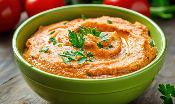 Savory zacusca vegetable spread in a green bowl enjoyed with fresh bread and seasonal ingredients