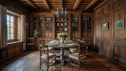 The interior design of the old house's room, like a church's, features wood furniture and soft light