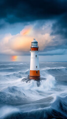 lighthouse stands tall amidst turbulent waves and dark clouds