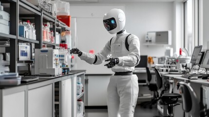 Fototapeta premium Innovative robot conducting experiments in high-tech laboratory science facility futuristic environment close-up view automation and research