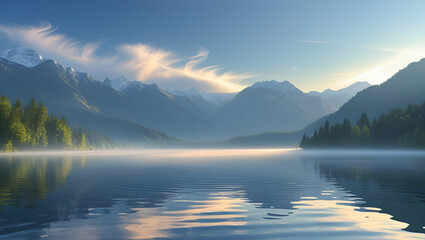 peaceful lake reflection with surrounding mountains