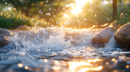 A serene stream with splashes of water, illuminated by warm sunlight through trees.