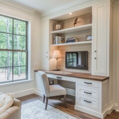 Fototapeta premium Home Office with Built-in Bookcases and Desk