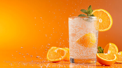 Refreshing sparkling water with orange slices and mint on vibrant orange background
