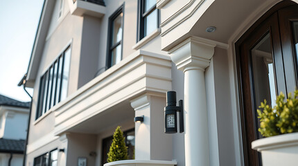 Fototapeta premium Luxury Home Exterior: Modern Architecture and Elegant Design. This stunning property boasts a classic facade, grand entrance, and meticulous landscaping. Discover the epitome of refined living.
