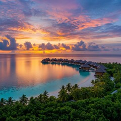 Fototapeta premium Maldives Sunset Overwater Bungalows Tropical Paradise