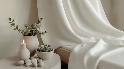 A tranquil spa setup featuring plush towels, candles, and nourishing plants creates an inviting atmosphere ideal for wellness and relaxation to promote inner radiance