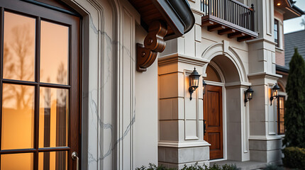 Obraz premium Luxury House Exterior: Elegant Architecture and Design. Classic Style Home Entrance with Marble and Wood Details